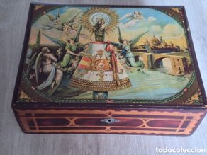 Antiguidades: Antigua Caja Joyero o Costurero de la Virgen del Pilar - Decorada - 28,5 x 22 x 9,5 cm. - EXCELENTE